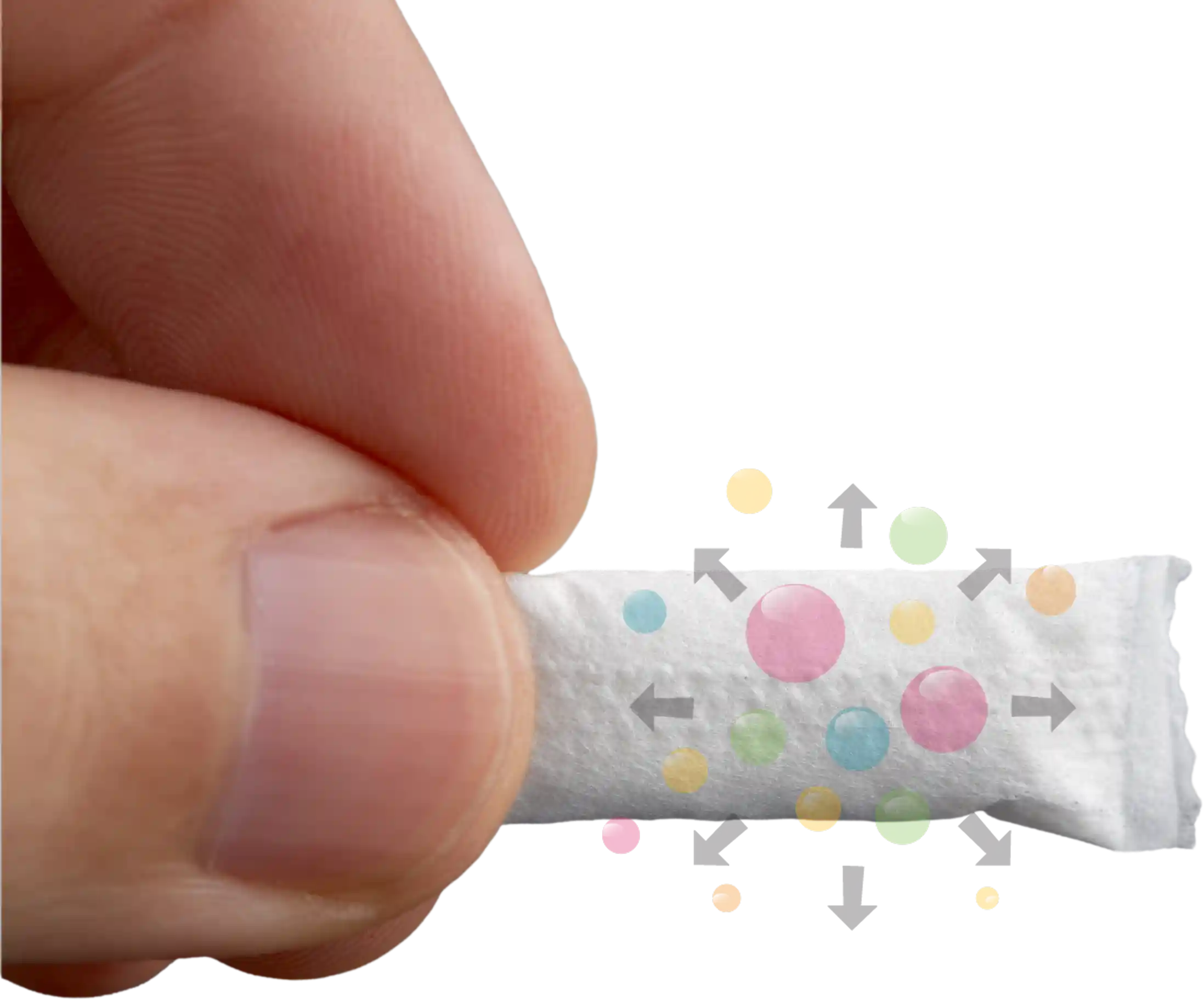 Pouch held between fingers